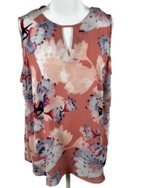 Floral Keyhole Sleeveless Top - Coral, Cream & Blue. By Violet + Claire. Size 1X
